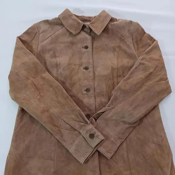 Alfani Petite Women's Brown Full Button Leather Jacket Pockets Size P - Picture 14 of 16